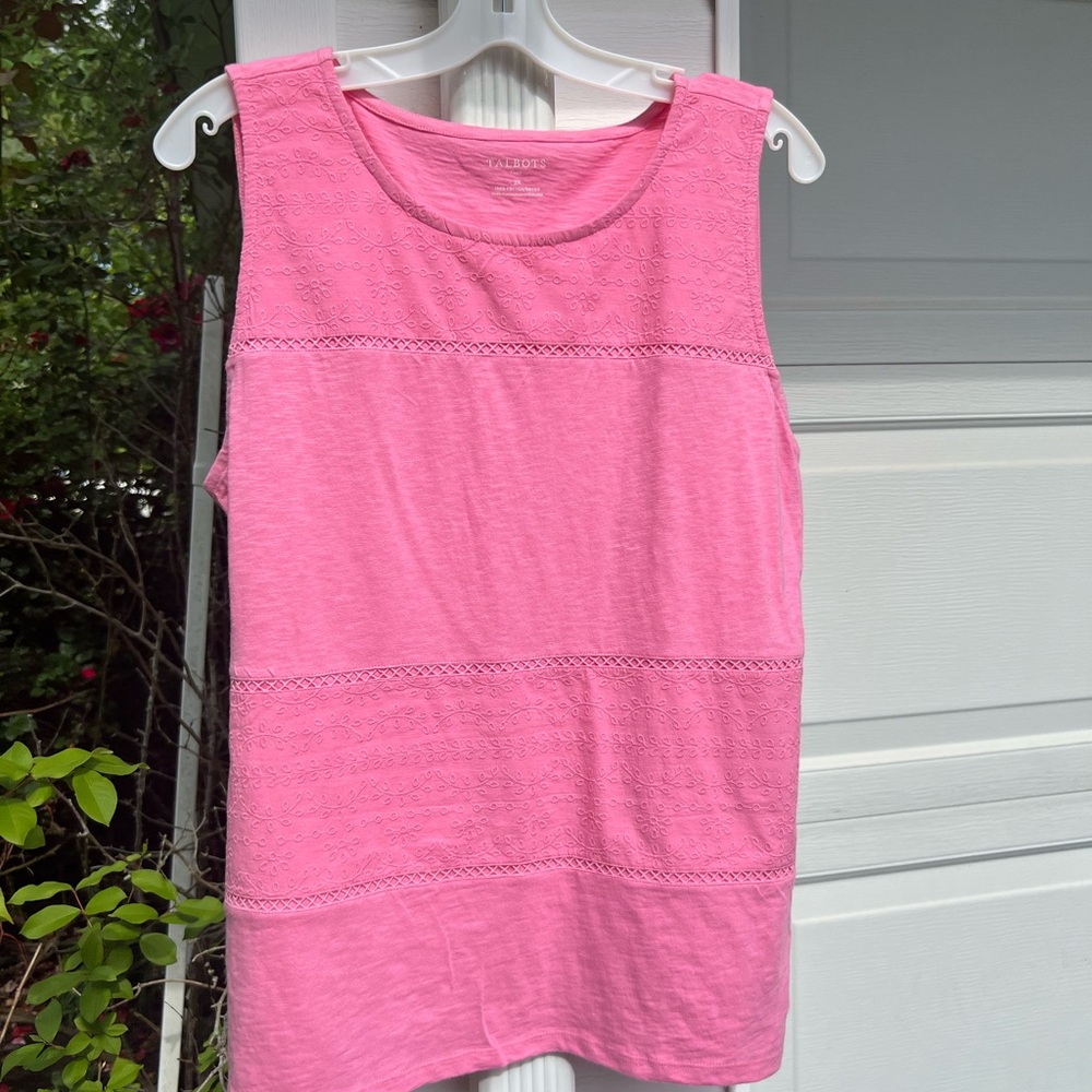 NWT Talbots Pretty Pink Embroidered Eyelet Striped Cotton Tank Top